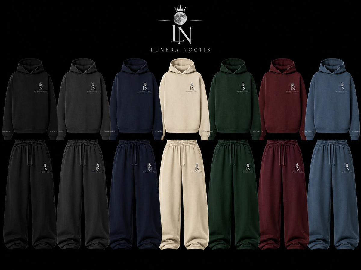 LUNERA NOCTIS Tracksuit-Entwürfe in Schwarz, Anthrazit, Navy, Creme, Dunkelgrün, Bordeaux und Blau